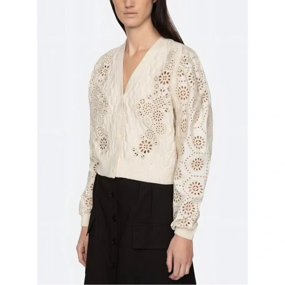 NWT SEA New York Lainey Eyelet-Embroidery Cream Long-Sleeve Cardigan Sweater